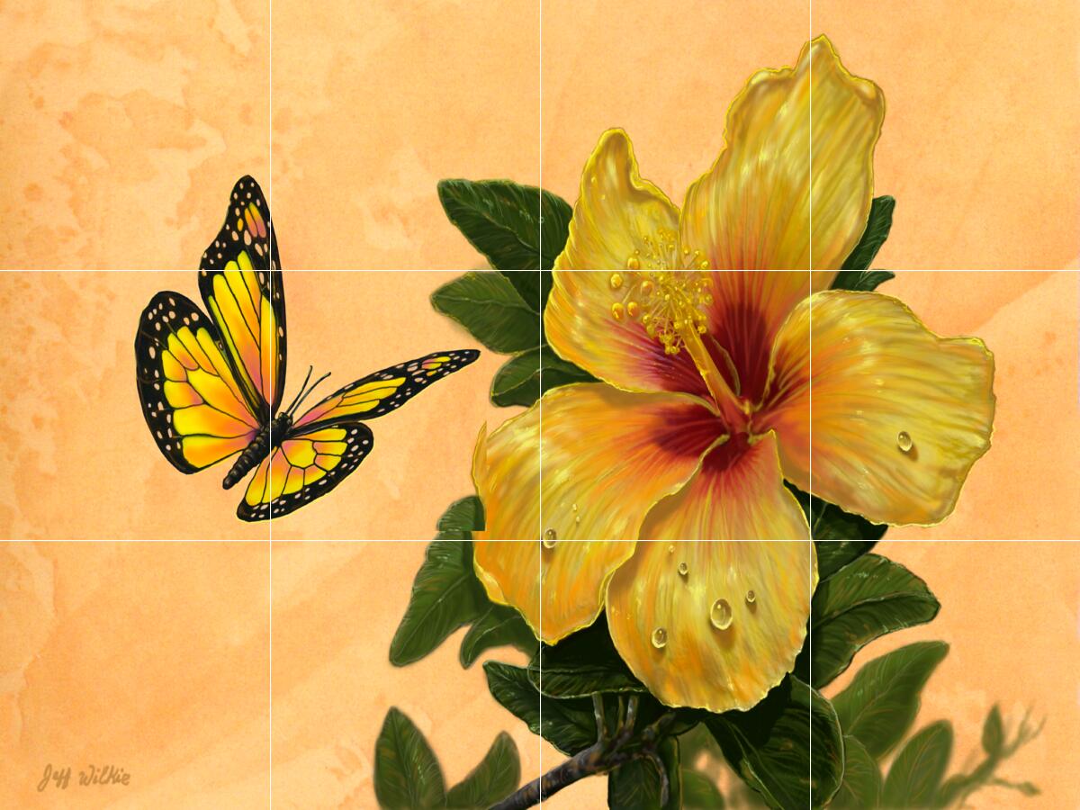 Ceramic Backsplash Tile Mural Butterfly Kitchen/Bathroom - Hibiscus Romance