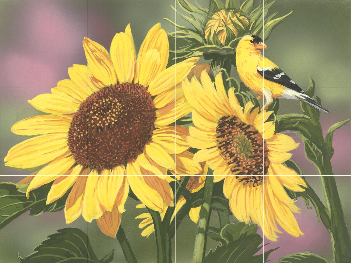 Ceramic Backsplash Tile Mural Bird Kitchen/Bathroom – Goldfinch and Sunflowers