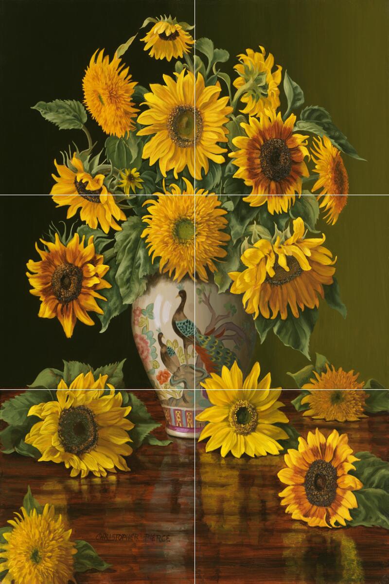Ceramic Backsplash Tile Mural Floral Flower – Sunflowers In A Peacock Vase