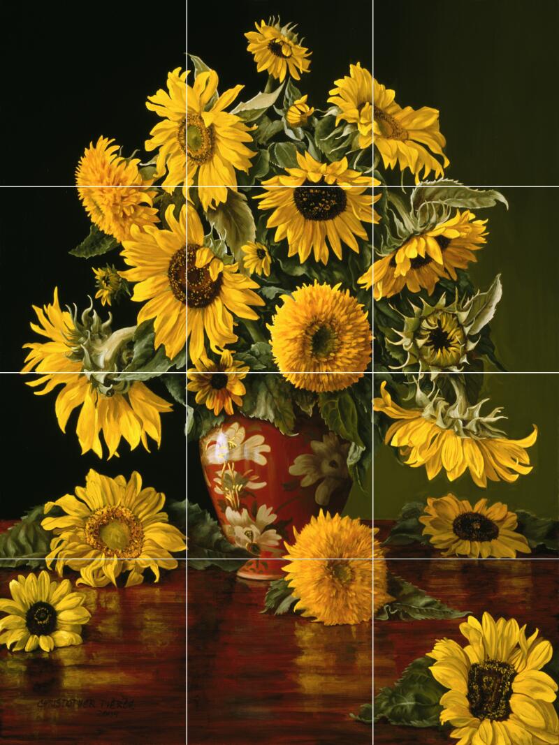 Ceramic Backsplash Tile Mural Floral Flower – Sunflowers In A Crimson Vase