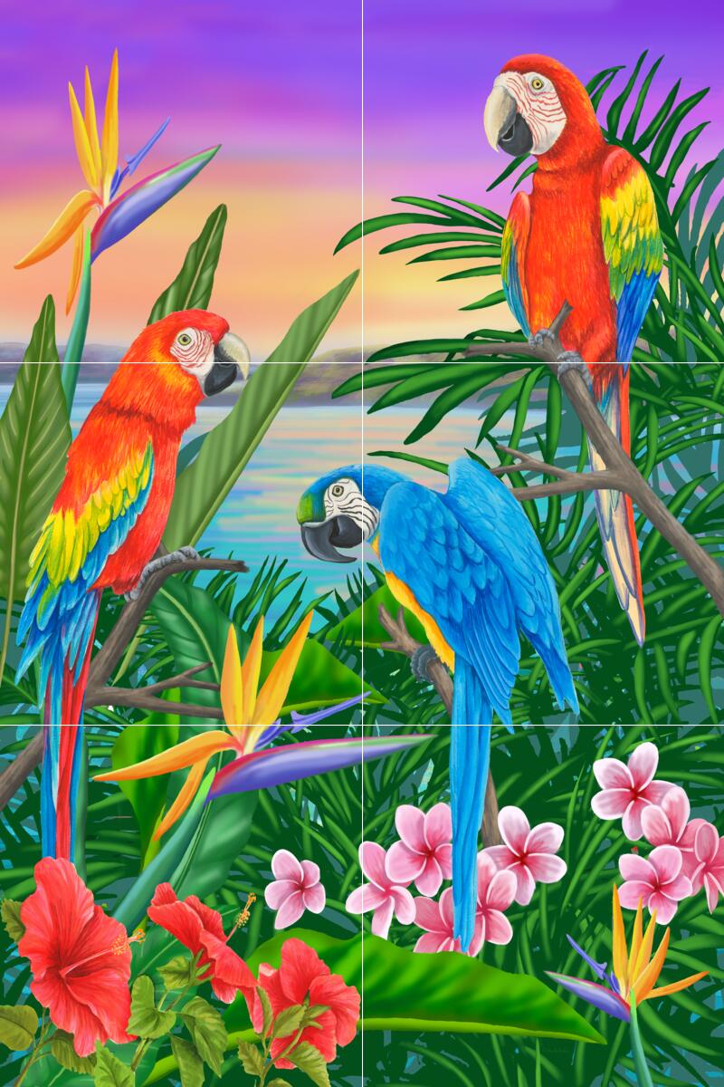 Ceramic Backsplash Tile Mural Tropical Bird – Parrot Trio