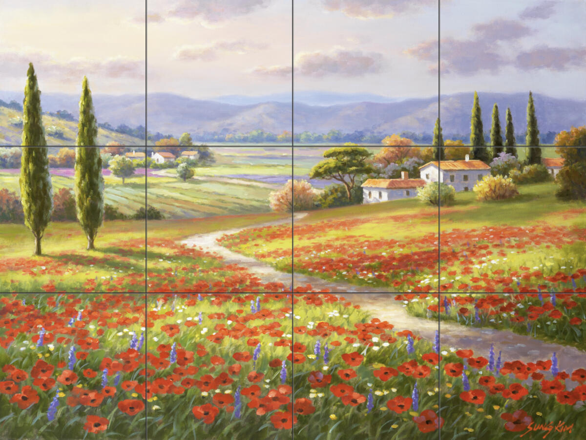 Ceramic Tile Mural Kitchen Backsplash - Poppy Fields-SK - Tuscan Landscape