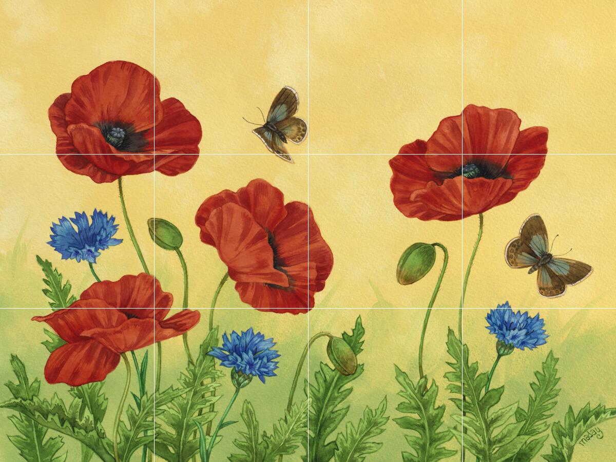 Ceramic Backsplash Tile Mural Butterfly – Poppies and Cornflowers