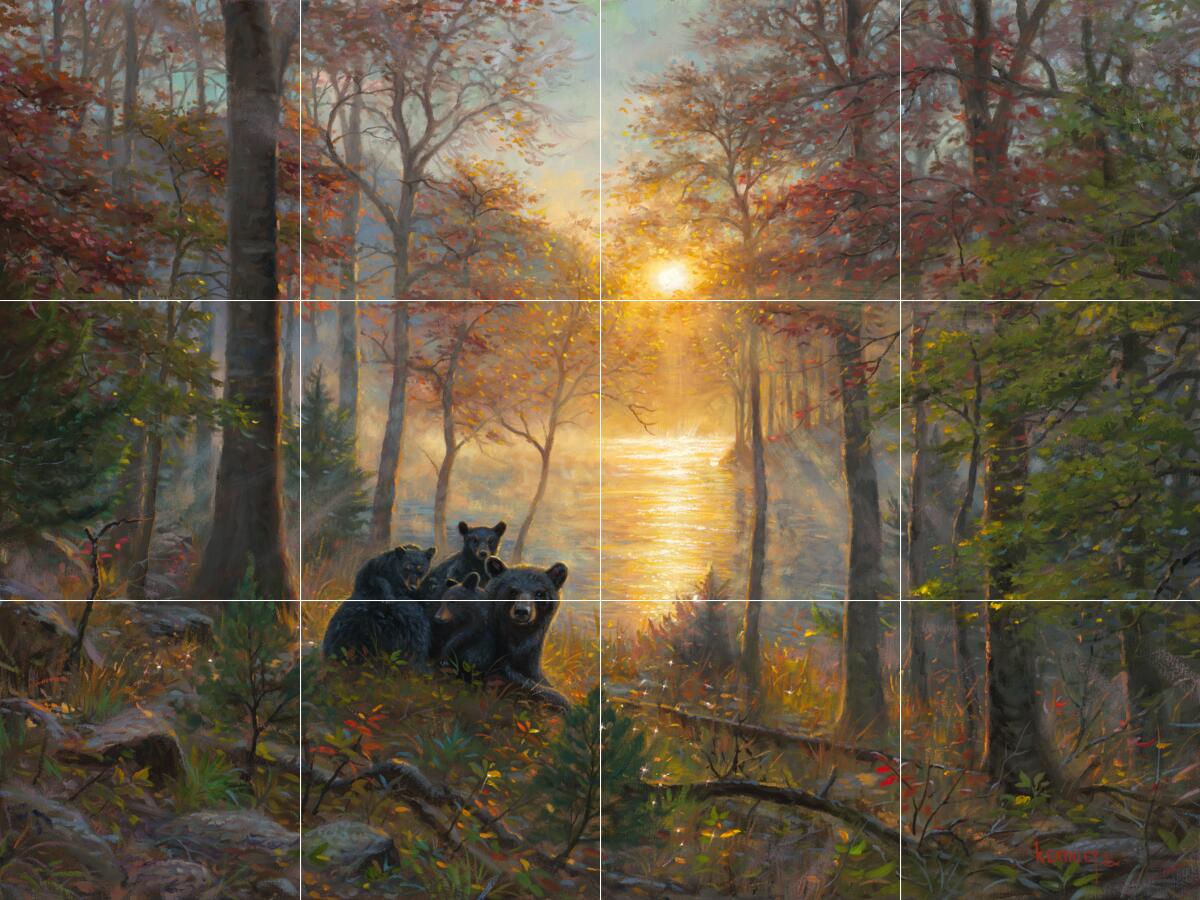 Ceramic Tile Mural Kitchen Backsplash-Rise and Shine-Black Bears Animal Wildlife