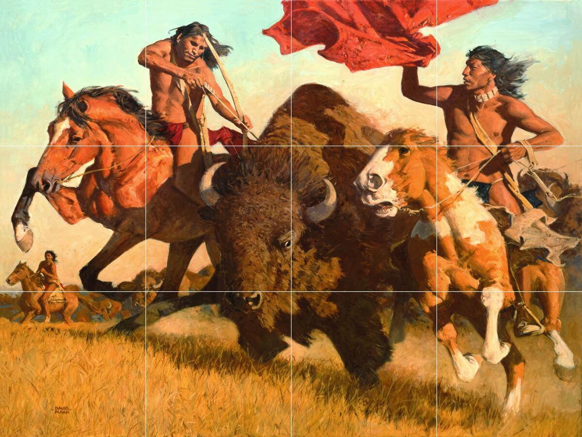 Ceramic Tile Mural Kitchen Backsplash-Buffalo Hunt-Native American Indian Art