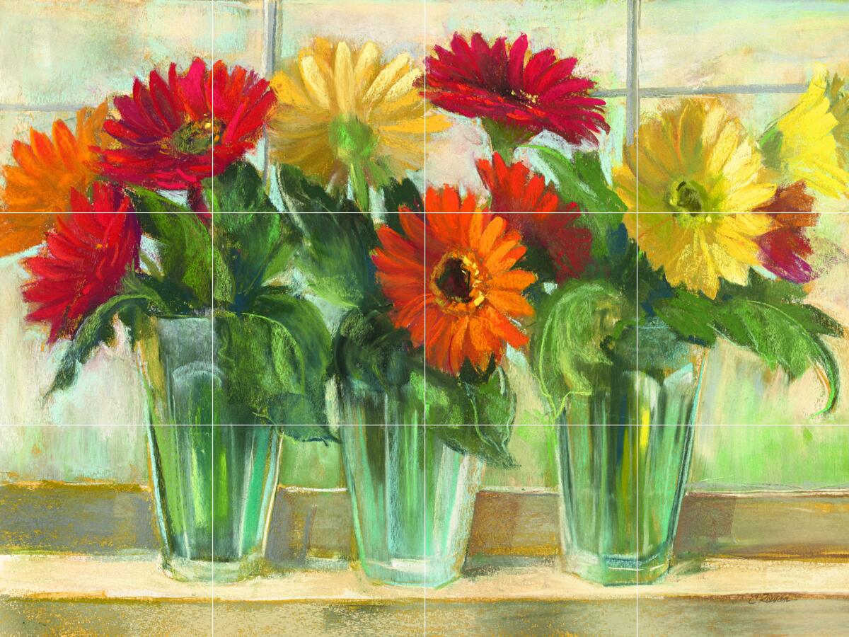Ceramic Backsplash Tile Mural Floral Kitchen/Bathroom – Gerberas in Glass Vases